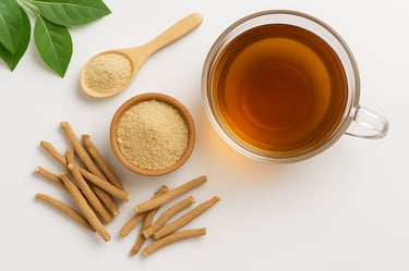 Dried ashwagandha roots, ground powder, and a cup of brewed ashwagandha tea.