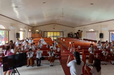 Students doing a fun activity in a school chapel