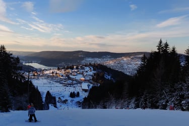a person standing on a snowy hill with a view of a town