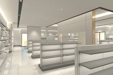 Modern retail store interior featuring empty white display shelves and sleek minimalist lighting.