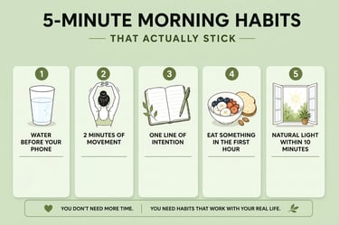 infographic showing 5 minute morning habits that actually stick - water before phone, movement