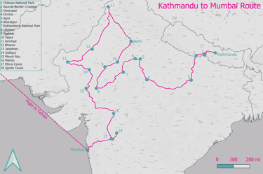 Kathmandu to Mumbai Route Map