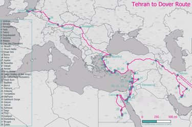 Tehran to Dover Route Map