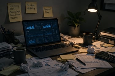 A cluttered desk with a laptop displaying a business analytics dashboard surrounded by reports and sticky notes.
