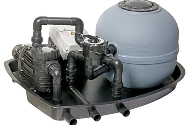 Complete swimming pool sand filter and pump system with multiport valve and base tray.