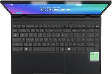 Top view of a Positivo Vision C15M laptop featuring a full keyboard with numpad and Windows 11 screen.