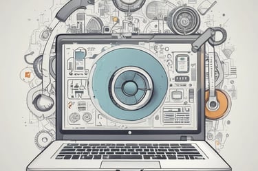 A sleek, modern website layout on a laptop screen with purple and blue accents.