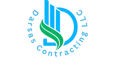 Darsas Contracting LLC logo featuring a blue D shaped building icon and green leaves.