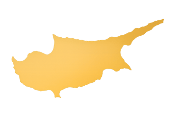 A golden yellow silhouette map of Cyprus isolated on a solid black background.
