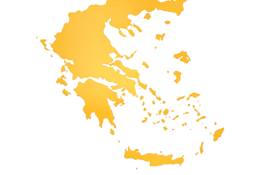 A minimalist golden yellow silhouette map of Greece centered on a solid black background.