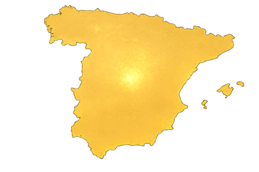A golden textured map of Spain and the Balearic Islands isolated on a solid black background.