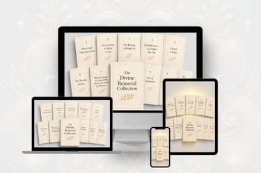Digital devices displaying The Divine Removal Collection of religious e-books and study materials.