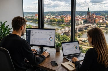 Profesionalūs SEO specialistai dirba prie kompiuterio Kauno biure su miesto vaizdu pro langą