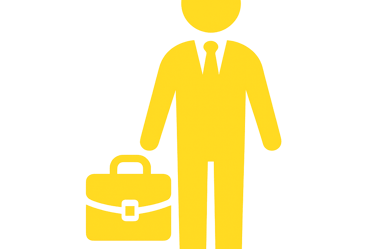 Yellow business travel icon with person carrying briefcase