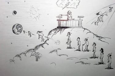 a drawing of a man standing on a hill