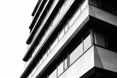 urban buildings caught on black and white analog film