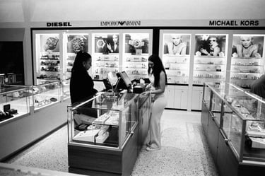 Exclusiv shopping mall caught on black and white analog film