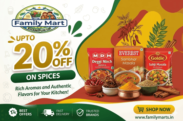 Family Mart spice sale offering up to 20% off MDH, Everest, and Goldie masala brands.