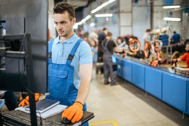 A factory worker in blue overalls using a computer at a bicycle manufacturing assembly line.