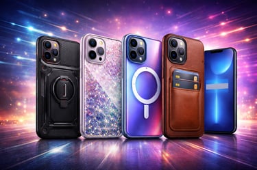 Uma coleção de capas protetoras para iPhone, incluindo modelos resistente