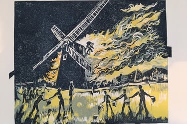 Linocut: Bucket brigade
