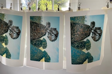 Linocut: The Peacock Garden, Great Dixter drying