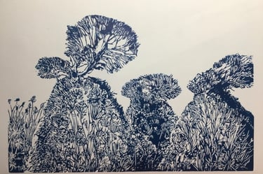 Linocut: Great Dixter peacock blue