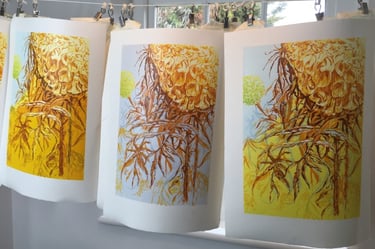 Linocut: Marigolds Three Ways