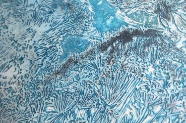 Lino block for Great Dixter Peacock Blue