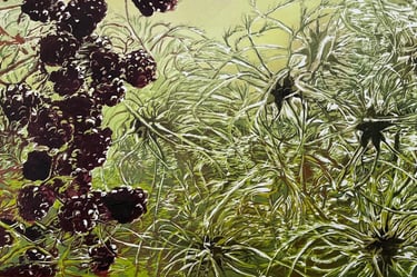 Linocut: Backwards through a hedge - Spring edition