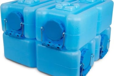 Stackable blue water storage containers with spigots, designed for long-term emergency water storage