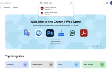 Chrome Web Store homepage showing the uBlock Origin extension in the search bar results.