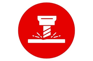 a red and white sign with a hammer hammer in the middle