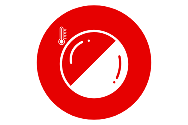 a red and white circular clock with a thermometer