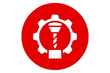 a red and white logo with a red and white background