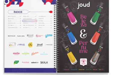 Spiral notebook catalog showing cosmetic brand logos and colorful Joud nail polish bottles.