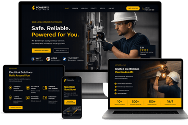 Modern electrician service website design layout by Wzone Agency.