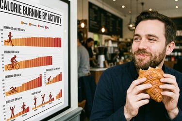 A man eating CHicken French Croissant and looking at Calories chart