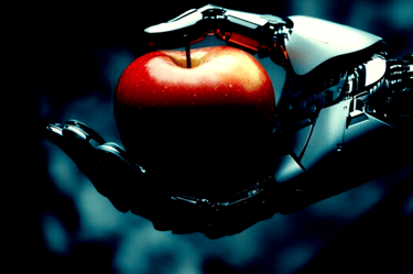The Rise Of AI based attacks, AI Genesis, a robot hand holding a red apple in a hand