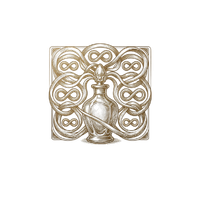 Elegant gold perfume bottle with an intricate infinity symbol pattern design on a black background.