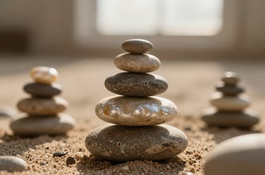 Macro shot of smooth river stones stacked in perfect balance, warm morning light, shallow depth of field, earthy sand tones