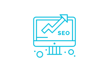 Blue line icon of a computer monitor displaying an upward arrow and SEO text for search engine optimization growth.