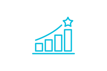 Blue line icon showing a rising bar chart with a star representing growth and business success.