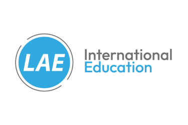 LAE International Education logo with blue circle and gray text on a black background.