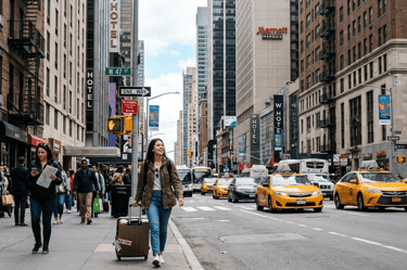 Rua movimentada em Manhattan com hotéis, táxis amarelos e viajantes caminhando com malas.