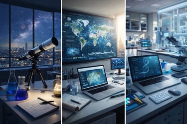 Modern laboratory computers, microscope telescope show scientific research, technology, innovation education in today’s world