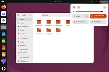 Ubuntu desktop darbalaukis, su atidaryta failų programa ir viršaus nustatymais