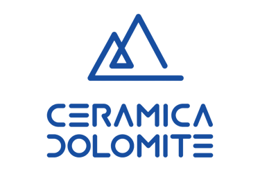 Ceramica Dolomite blue logo featuring mountain peaks icon above modern sans-serif typography on black background.