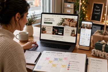Small business owner preparing a website, Google Business Profile, email and social media for the ho