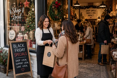 Small business owner serving holiday shoppers during a festive local shopping event.
